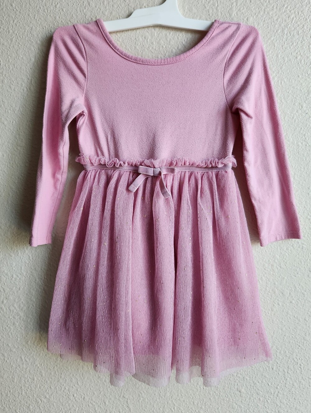 Cat And Jack 3T Pink Casual Dress With Gold Flecked Tuille, Velvet Ribbon